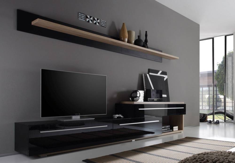 wohnzimmerwand eiche: Wohnzimmerwand Anbauwand Schrankwand schwarz hochglanz / Eiche wohnzimmerwand eiche: Wohnzimmerwand Anbauwand Schrankwand schwarz hochglanz / Eiche