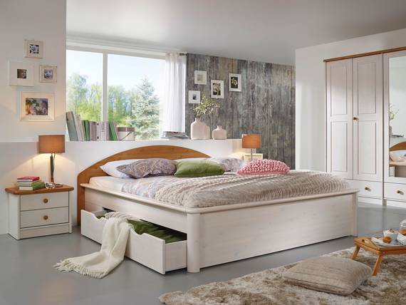 Sky massivholzbett doppelbett kiefer weiss/ eichefarbig gebeizt ... Schlafzimmer betten mit bettkasten