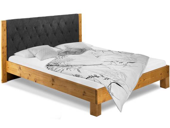 CURBY 4-Fuß-Bett mit gestepptem Polster-Kopfteil, Material Massivholz, rustikale Altholzoptik, Fichte 140 x 200 cm | Natur | Stoff Anthrazit DETAIL_IMAGE