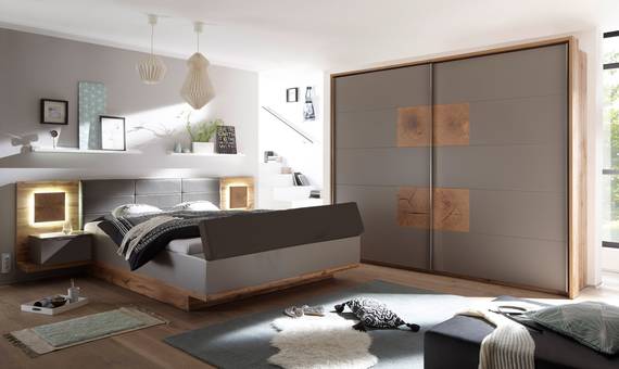CAMERON II Schlafzimmer mit Betttruhe Wildeiche Nachbildung MDF/basaltgrau