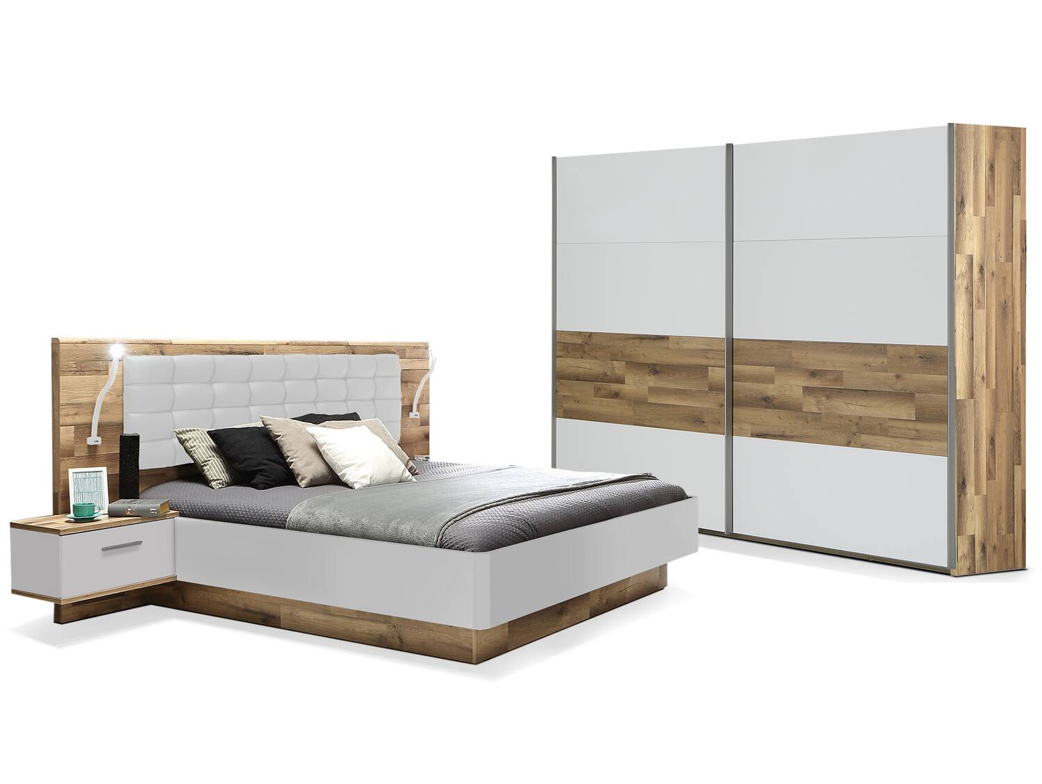 MEDUNA Komplett-Schlafzimmer, Material Dekorspanplatte, eichefarbig/weiss 