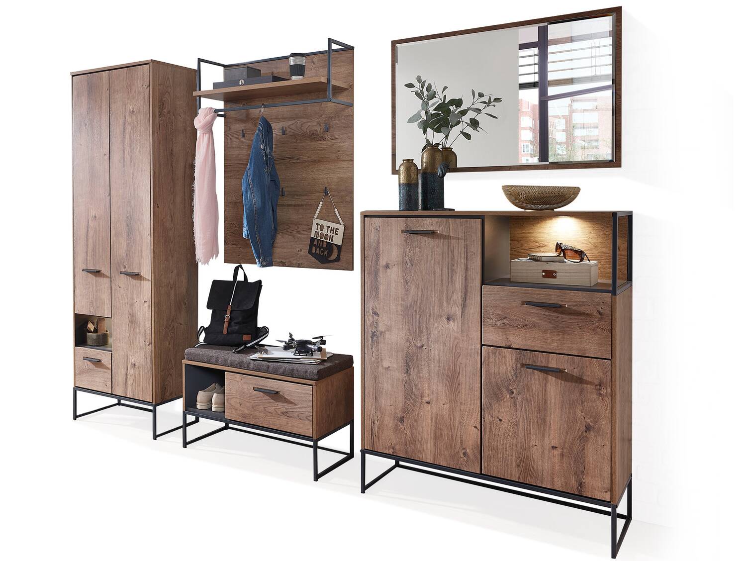 MILTON Komplett Garderobe I, Material MDF, eichefarbig 