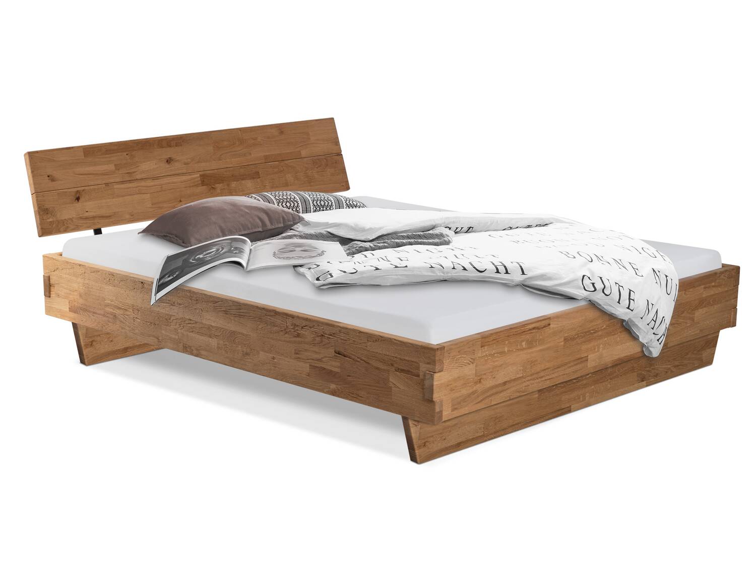 CORDINO Wangenbett aus Eiche mit Kopfteil, Material Massivholz 90 x 220 cm | Eiche unbehandelt | gehackt