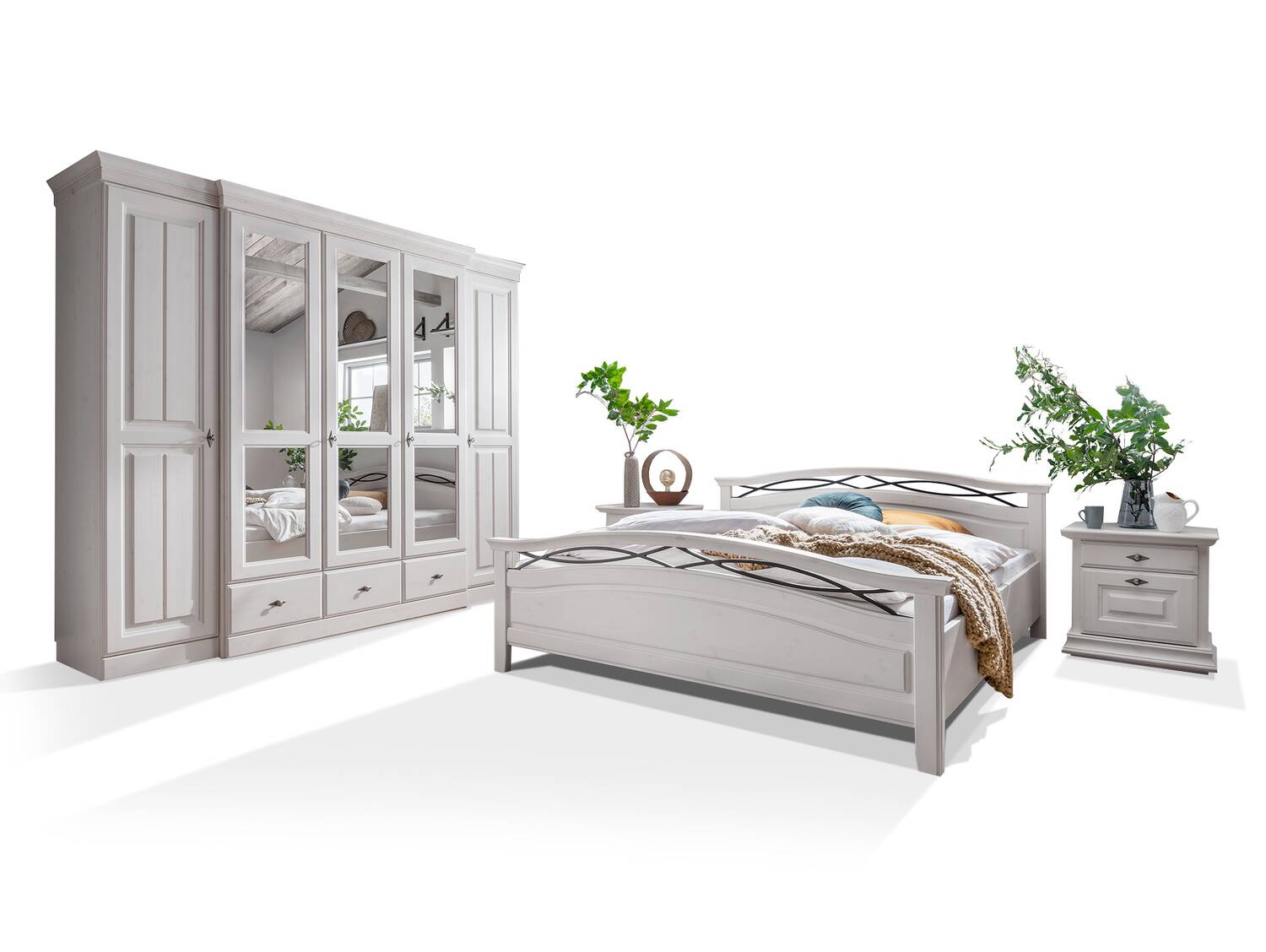 MANERA Komplett-Schlafzimmer, Material Massivholz, Kiefer weiss gewachst 261 cm