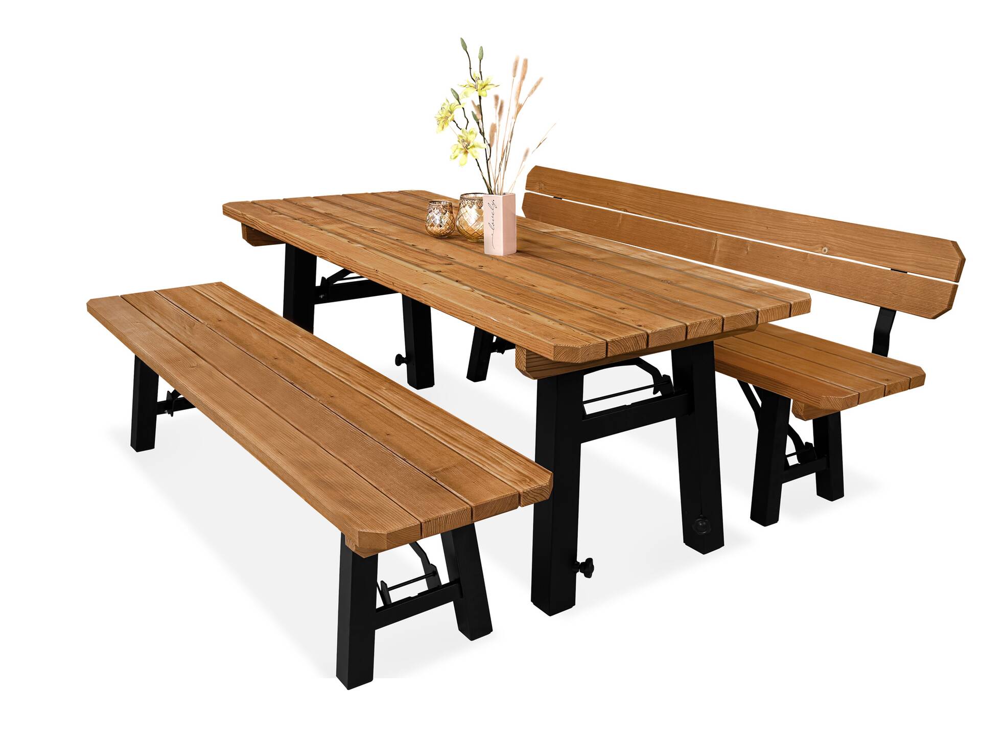 AMMERSEE Gartengarnitur - höhenverstellbar, rustikale Altholzoptik, Material Massivholz/Metall, Thermo-Fichte 200 x 60 cm | Außenbereich | mit/ohne Rückenlehne