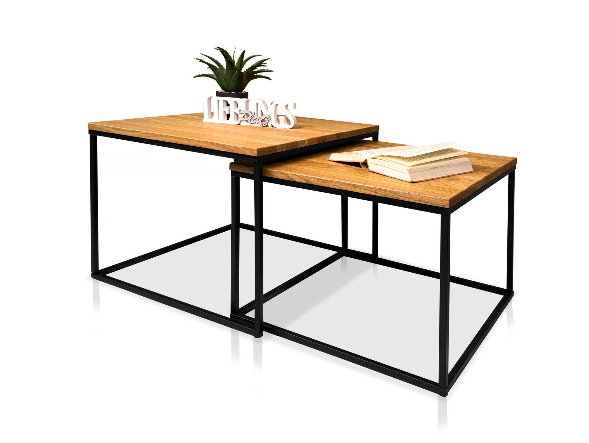 BINTO 2-er Set Beistelltische, Material Massivholz/Metall, Eiche geölt/schwarz 