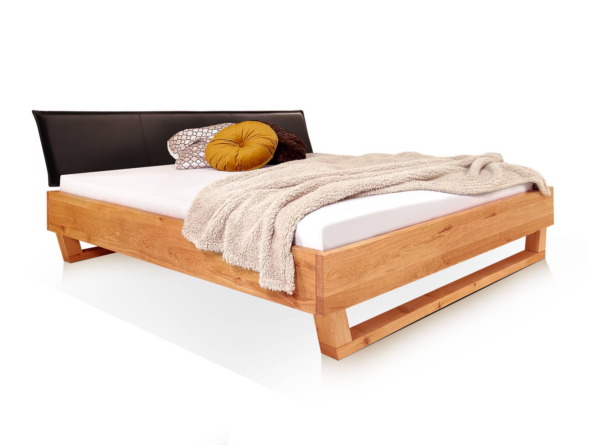 DAKONA Holz-Kufenbett mit Polsterkopfteil, Material Massivholz 120 x 200 cm | Buche unbehandelt | Kunstleder Braun ohne Steppung