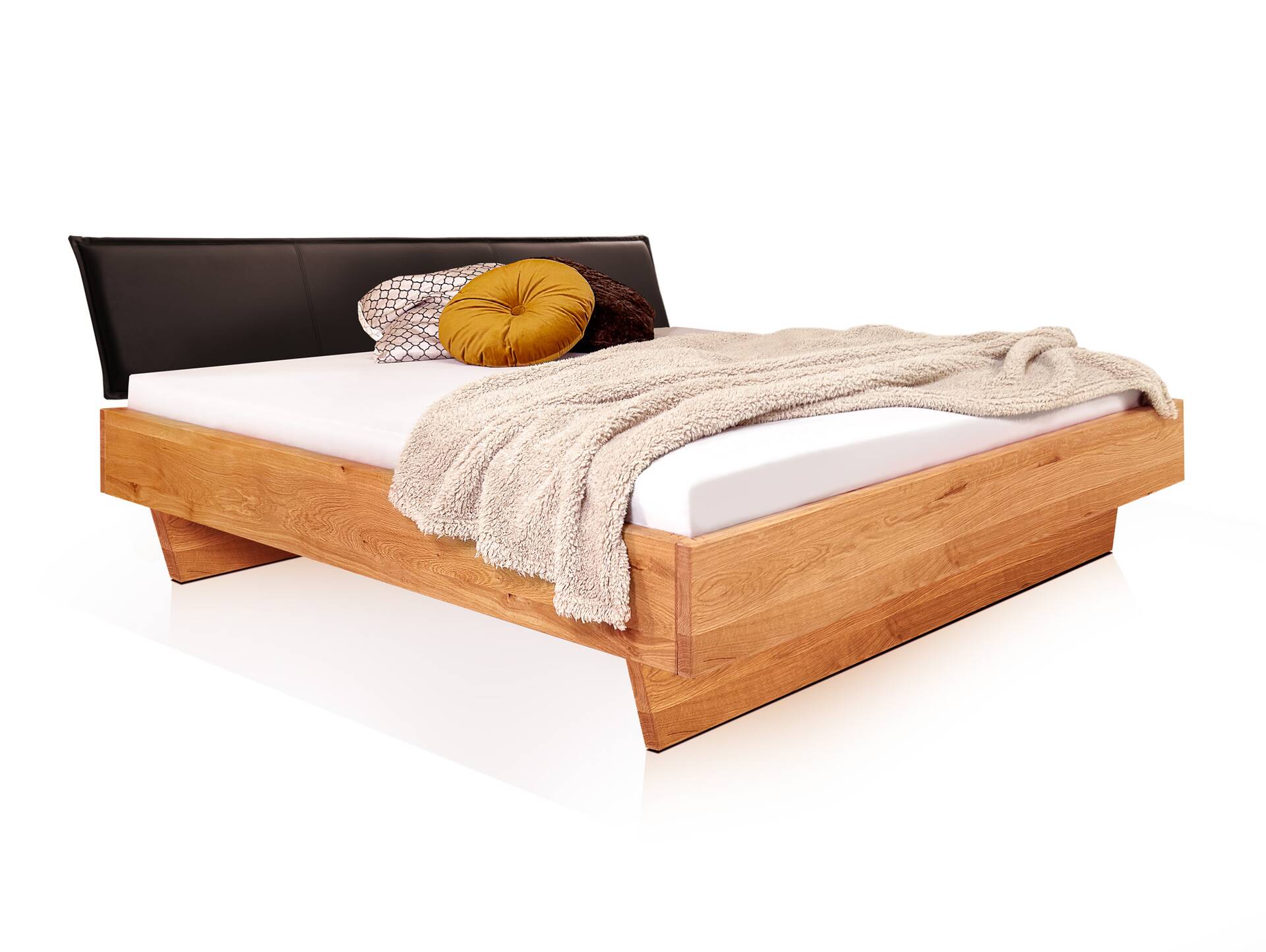 DAKONA Wangenbett mit Polsterkopfteil, Material Massivholz 120 x 200 cm | Buche unbehandelt | Kunstleder Braun ohne Steppung