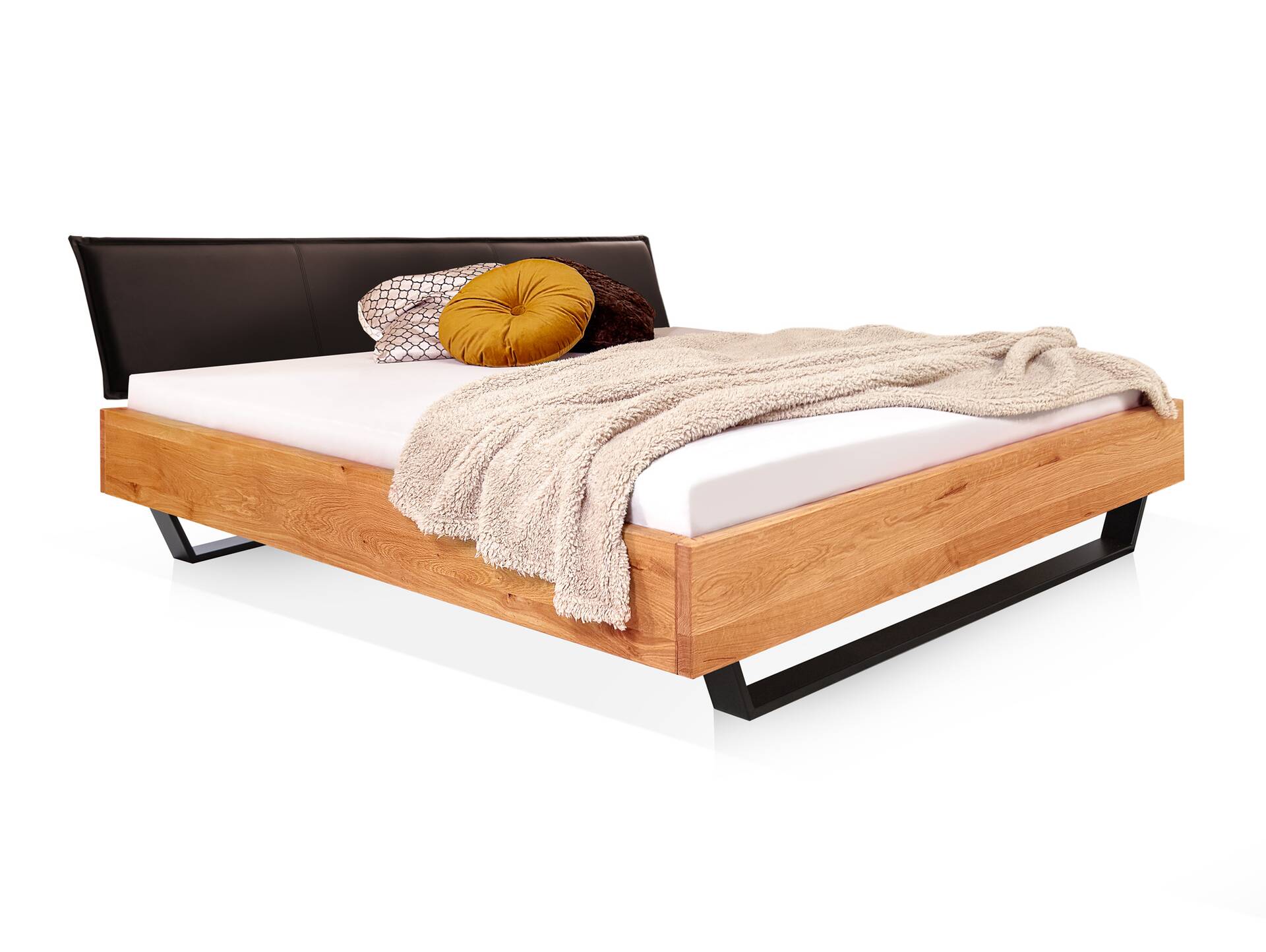 DAKONA Kufenbett mit Polsterkopfteil, Material Massivholz 120 x 200 cm | Buche unbehandelt | Kunstleder Braun ohne Steppung