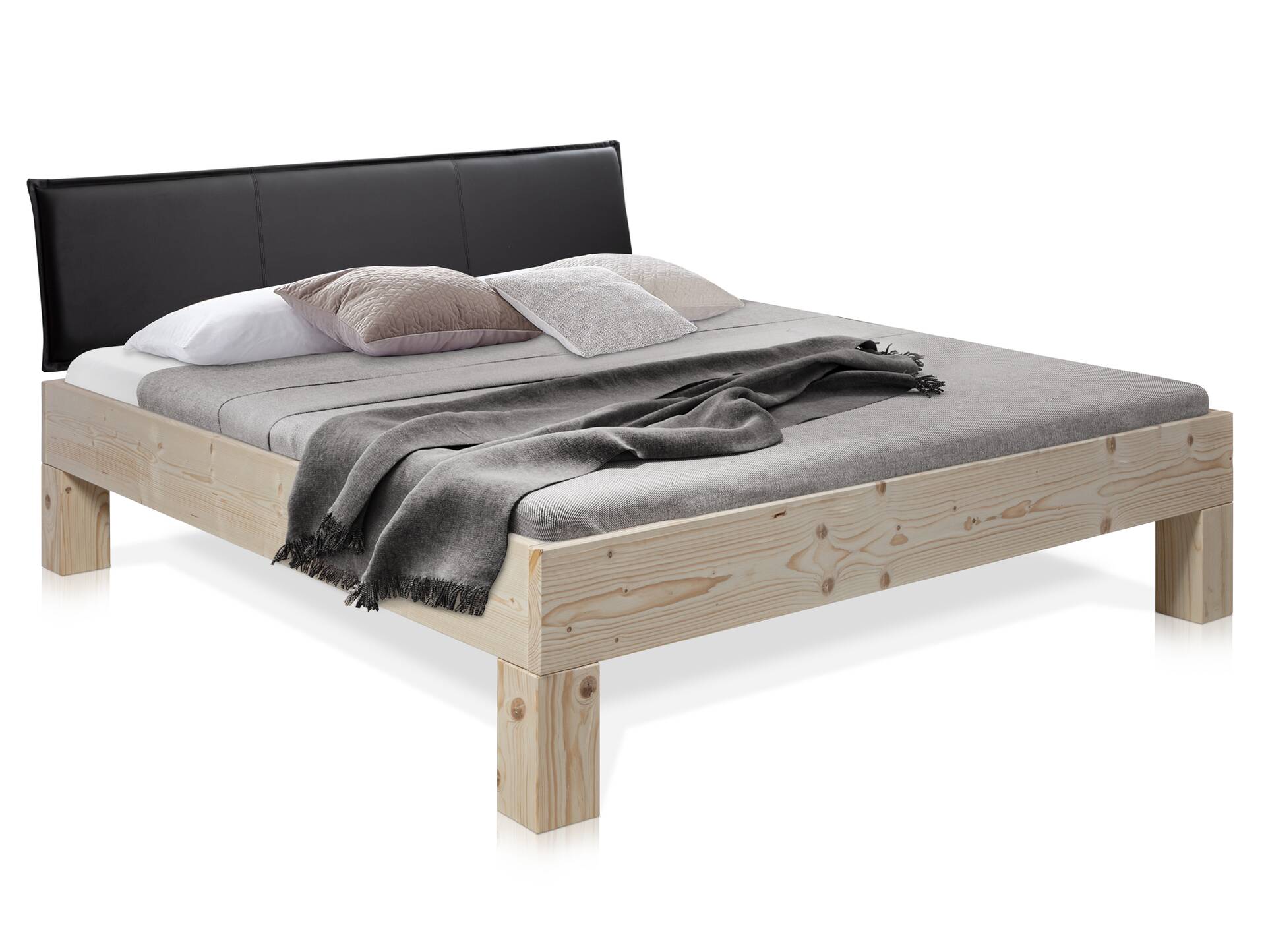 LUKY 4-Fuß-Bett mit Polster-Kopfteil, Material Massivholz, Fichte massiv 140 x 200 cm | natur | Kunstleder Schwarz