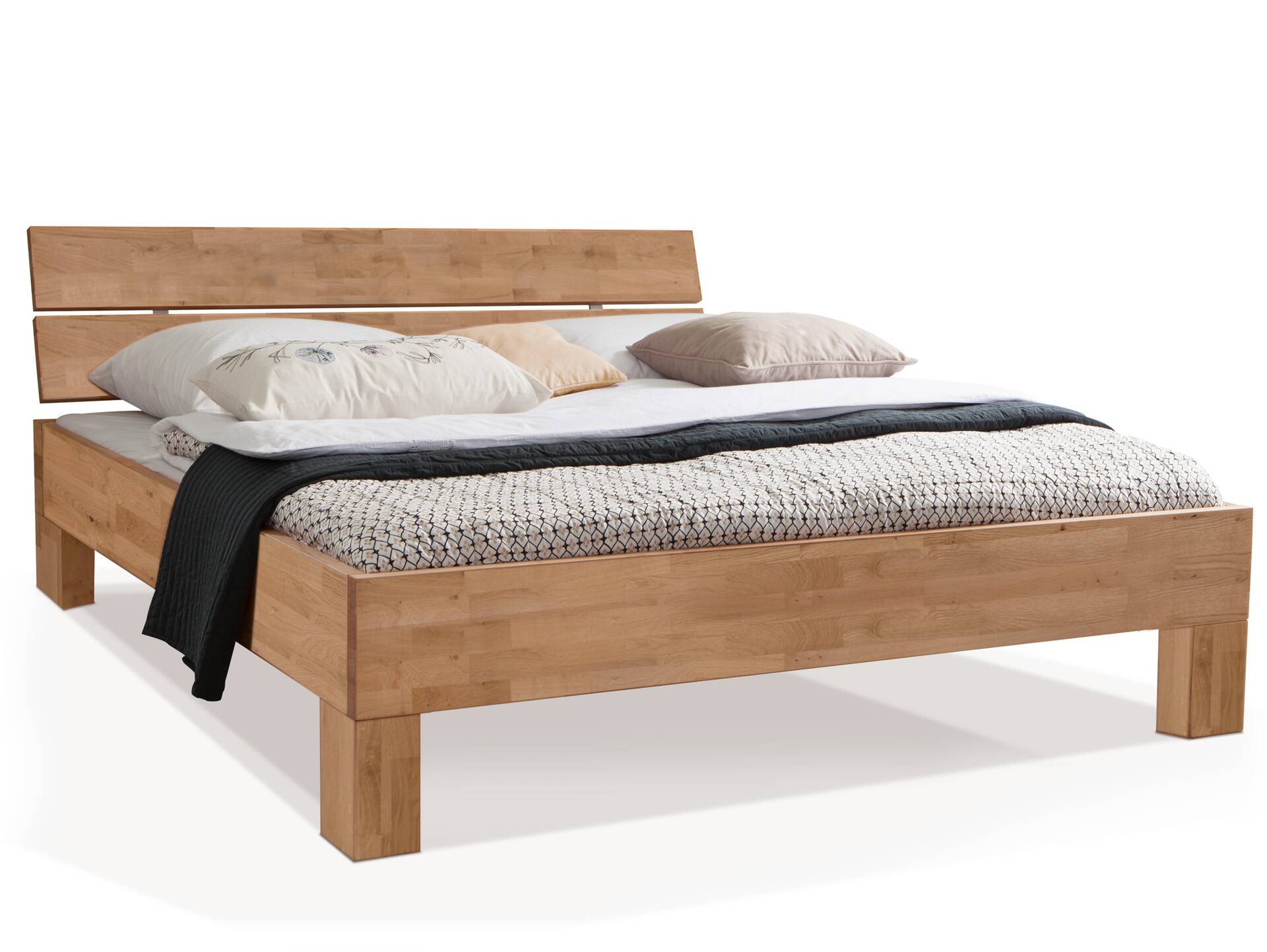 LÖWEN 4-Fuß-Massivholzbett, mit Kopfteil 200 x 220 cm | Wildeiche geölt | Standardhöhe