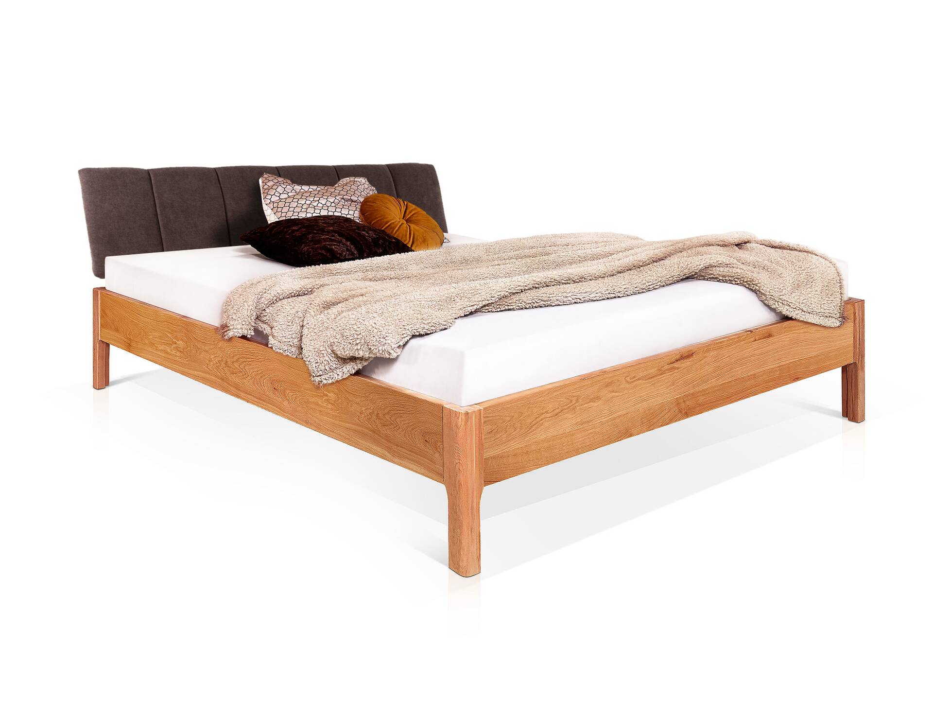 MERANO 4-Fuß-Massivholzbett mit Polsterkopfteil 140 x 220 cm | Buche unbehandelt | Stoff Braun mit Steppung