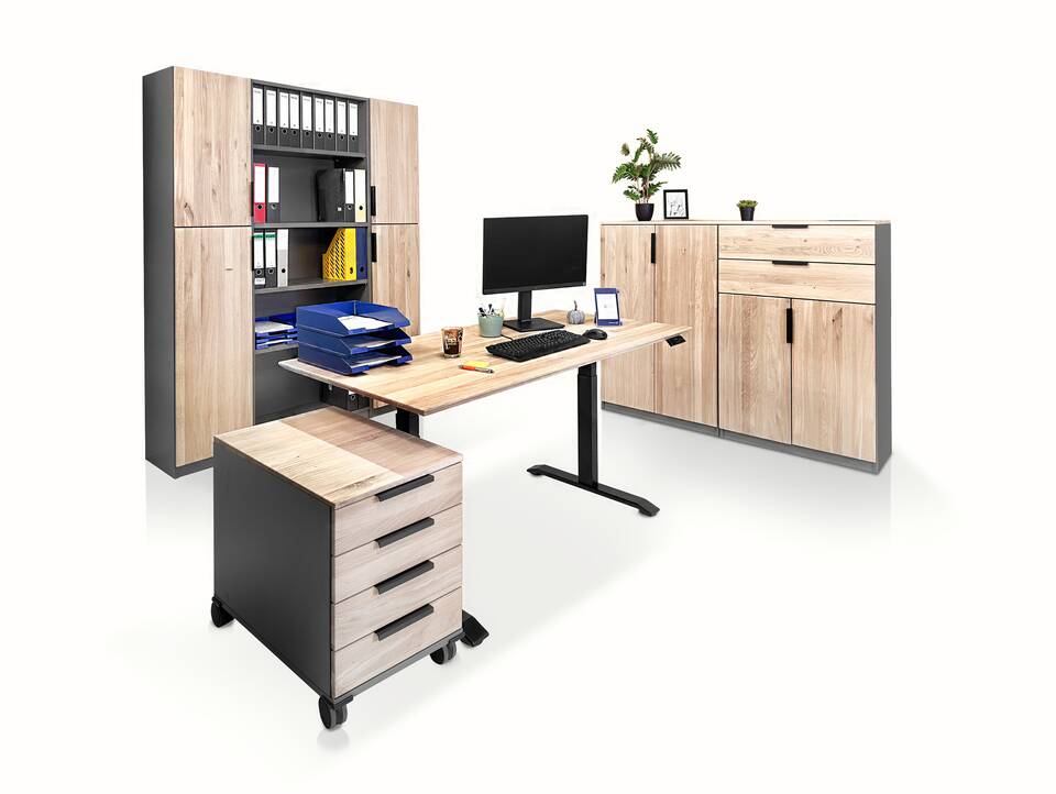 OFFICE OAK Komplettbüro I, Material teilmassiv, Eiche/graphitfarbig 