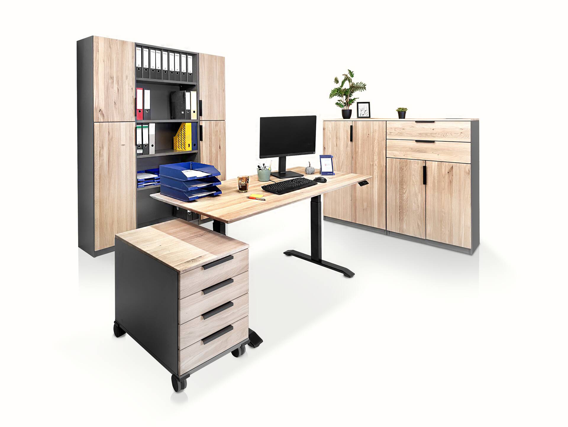 OFFICE OAK Komplettbüro I, Material teilmassiv, Eiche/graphitfarbig 