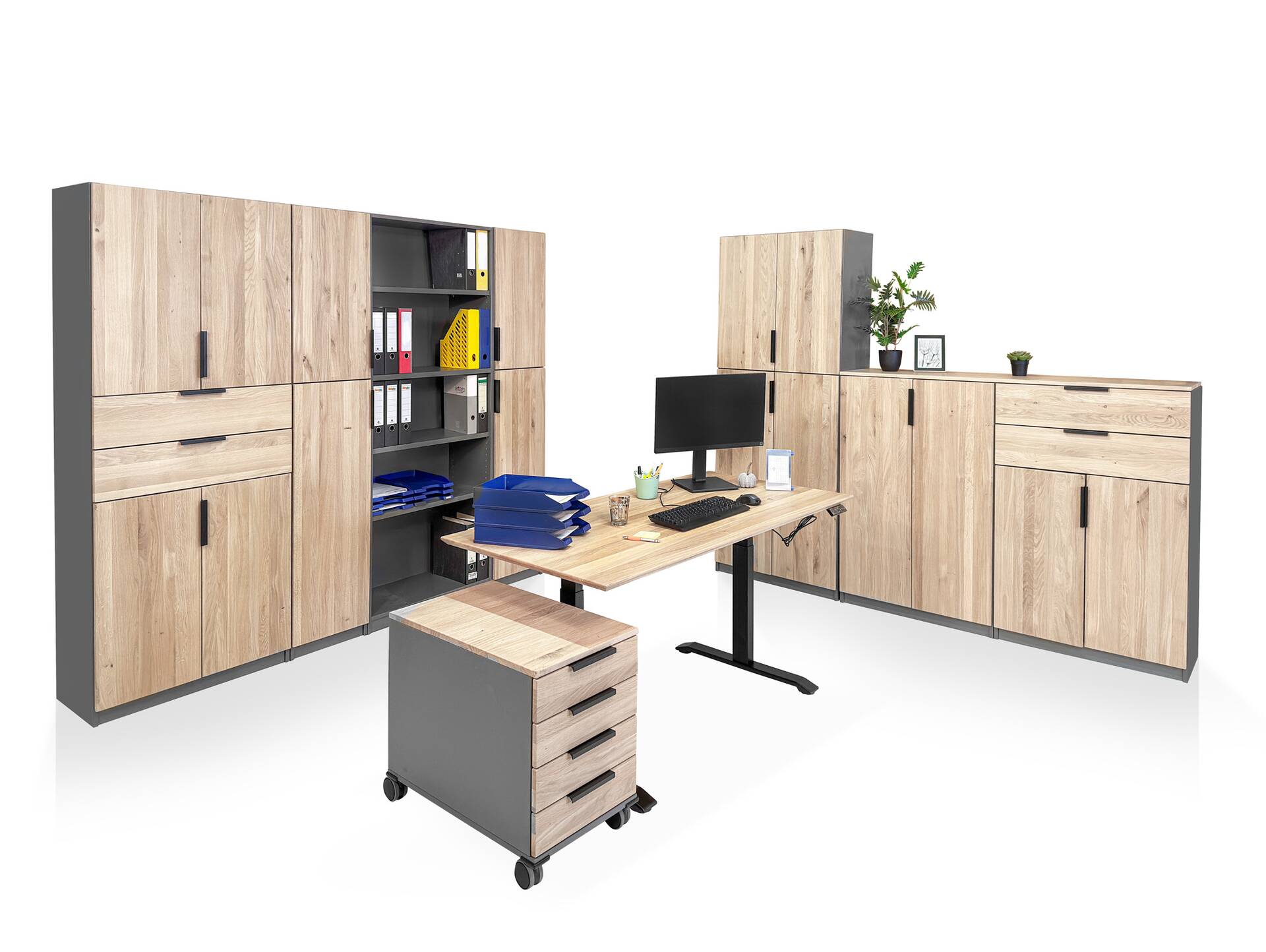 OFFICE OAK Komplettbüro II, Material teilmassiv, Eiche/graphitfarbig 
