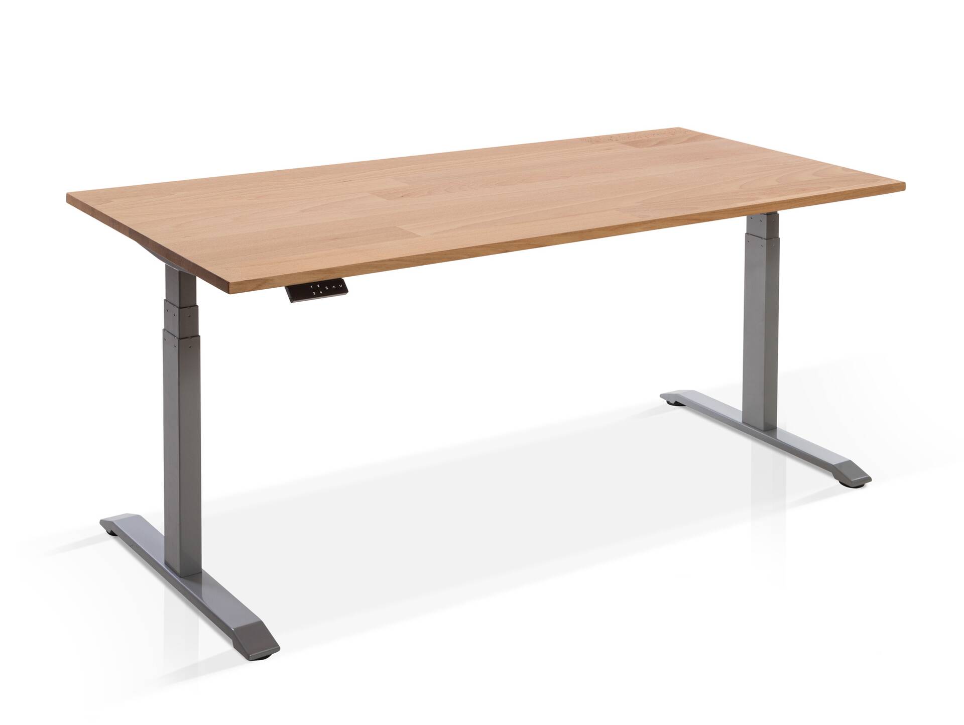 OFFICE ONE Massiv, elektrisch höhenverstellbarer Schreibtisch / Stehtisch, Material Massivholz 120 x 80 cm | Buche | grau
