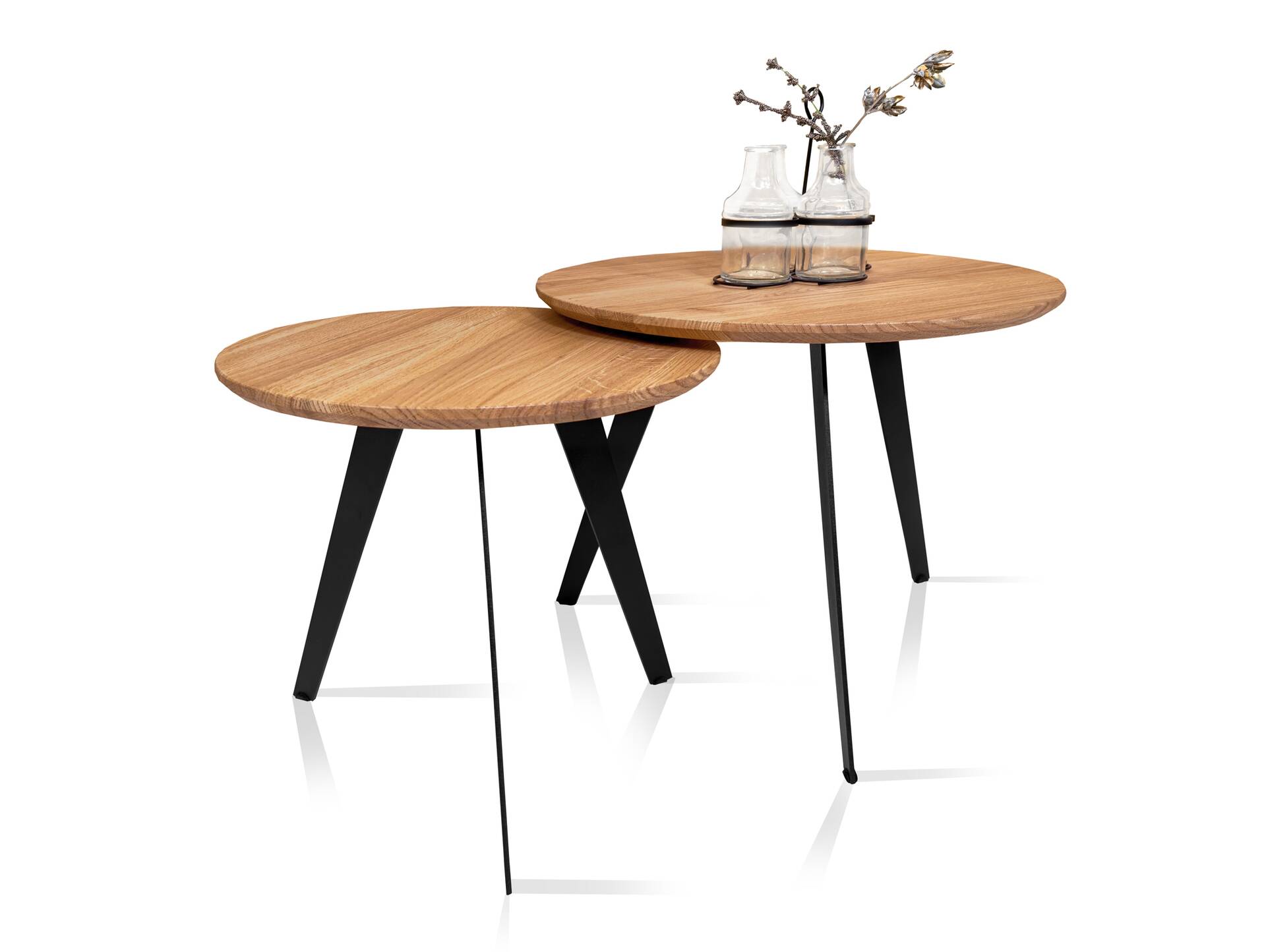 VALDO 2-er Set Couchtische, Material Massivholz/Metall, Eiche geölt/schwarz 