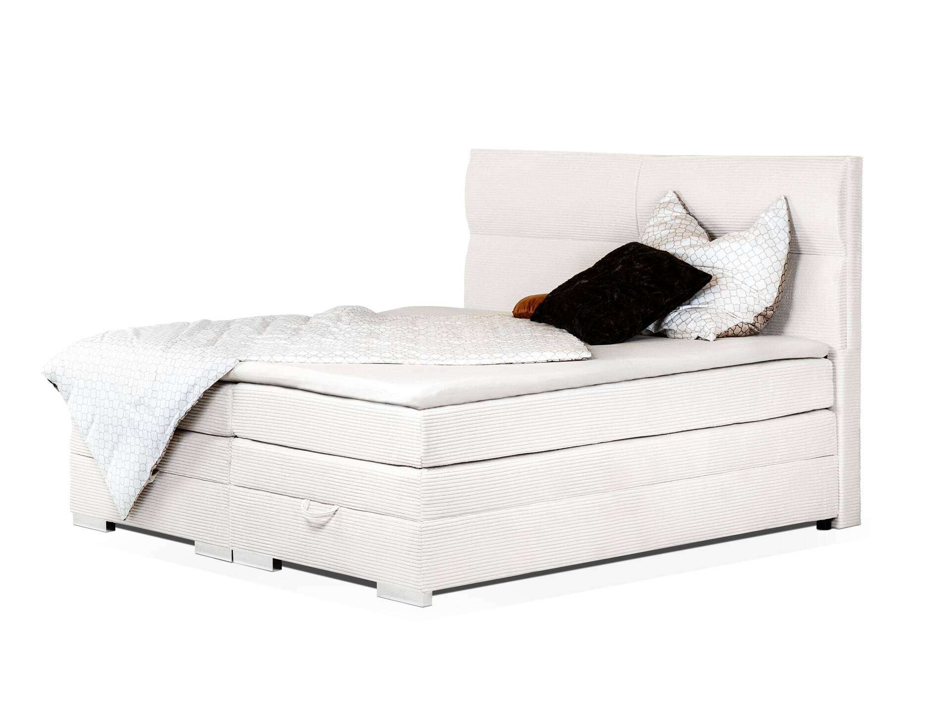 VANILLA Boxspringbett mit Bettkasten und inkl. Toppermatratze, Härtegrad 2/3, Bezug Cordstoff, Cremefarbig 180 x 200 cm