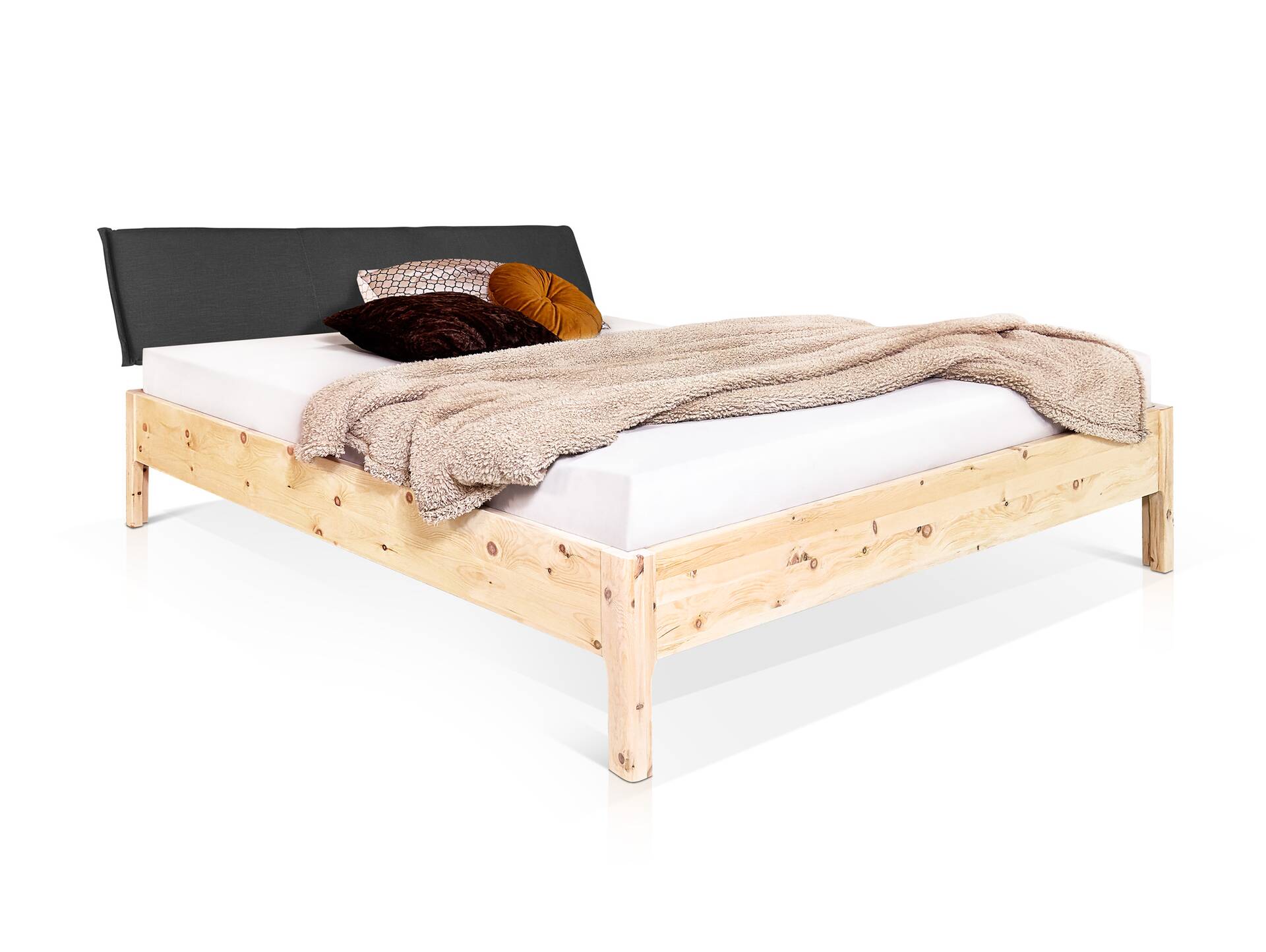 ZANDOR 4-Fuß-Zirbenbett mit Kopfteil aus Leinenstoff, Material Massivholz 120 x 200 cm | Leinenstoff Grau
