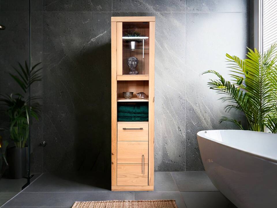 OZEANA Hochschrank I fürs Badezimmer, Material teilmassiv Buche