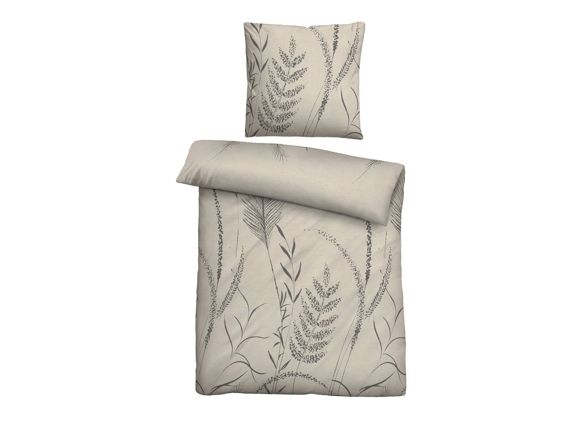 BIBERNA Melange Flanell Bettwäsche 135x200+80x80, Gräser-Design, kitt 