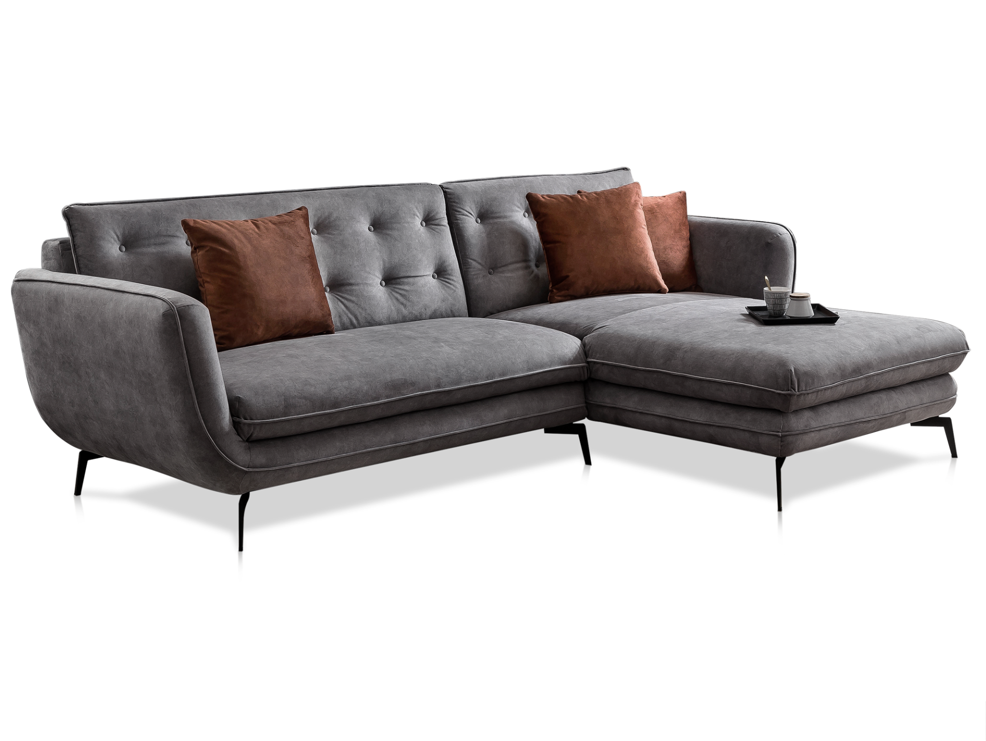 SALVATOR Ecksofa mit Metallfuß schwarz, Stoffbezug dunkelgrau | rechts