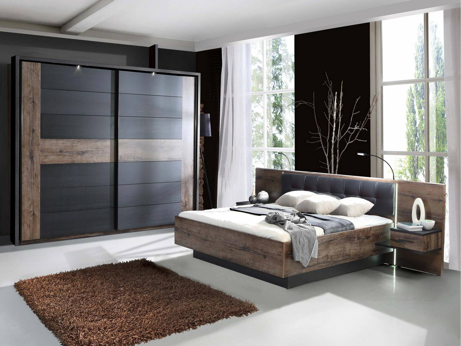 ERLIN Schlafzimmer, Material Dekorspanplatte, schwarzeichefarbig 180 x 200 cm | Schwebetürenschrank