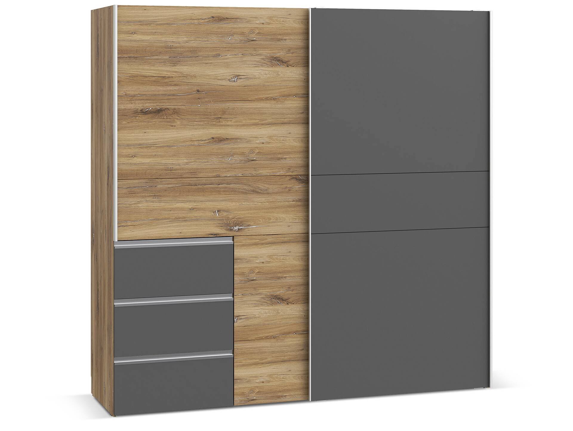 CESSANDRA Schwebetürenschrank, Material Dekorspanplatte Flagstaff eichefarbig / dunkelgrau