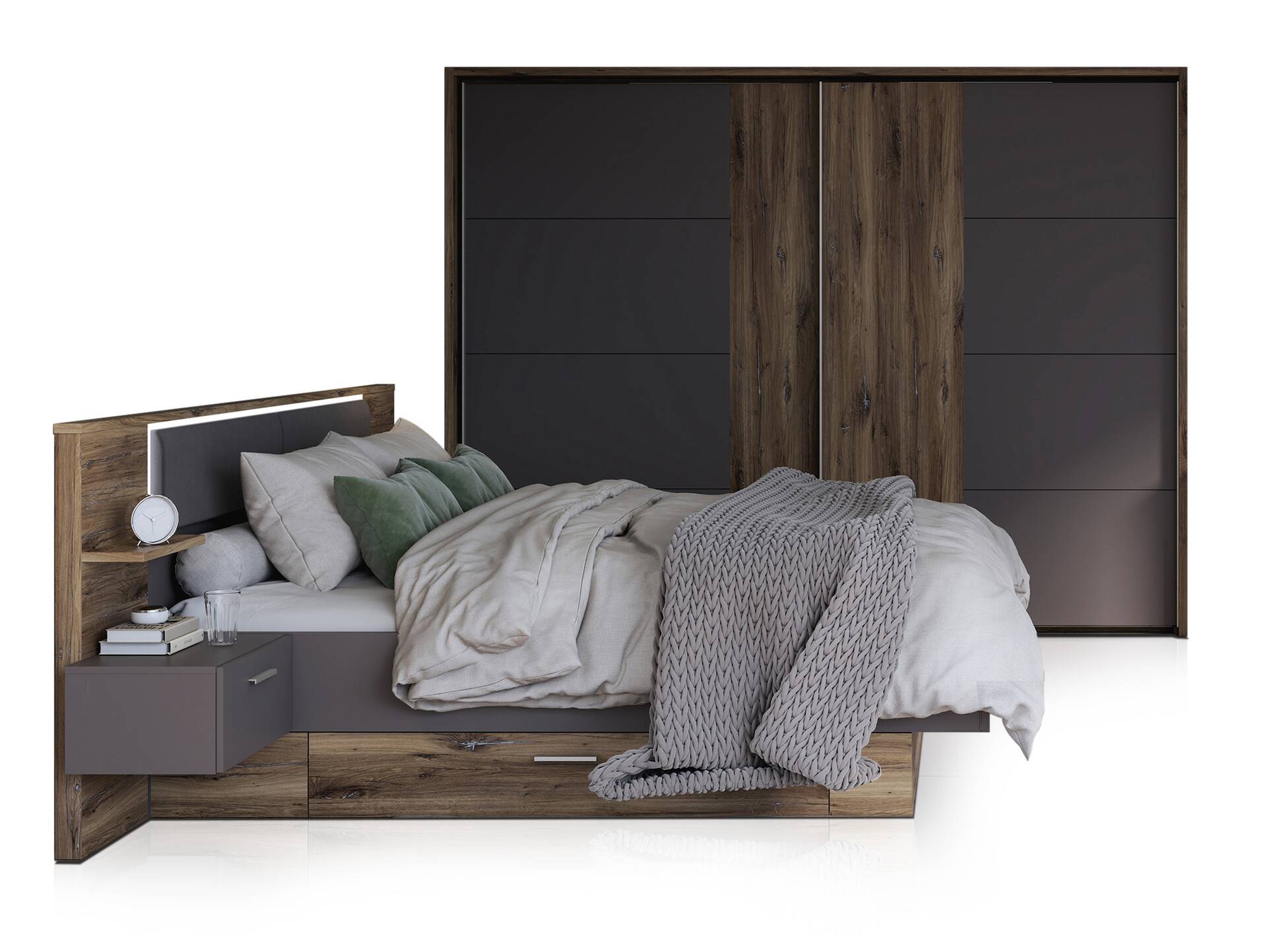 WELLIGTON Komplett-Schlafzimmer, Material Dekorspanplatte, Flagstaff Eichefarbig/grau 