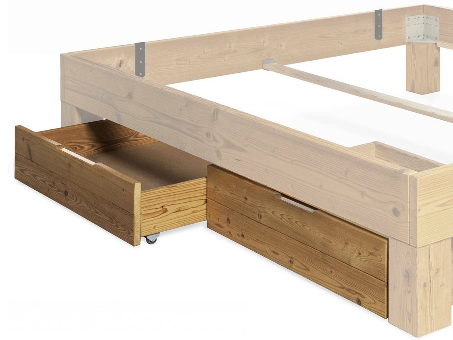 CURBY 2er Set Bettschubladen für 4-Fuß-Bett ÜBERLÄNGE, Material Massivholz, Thermo Fichte natur 