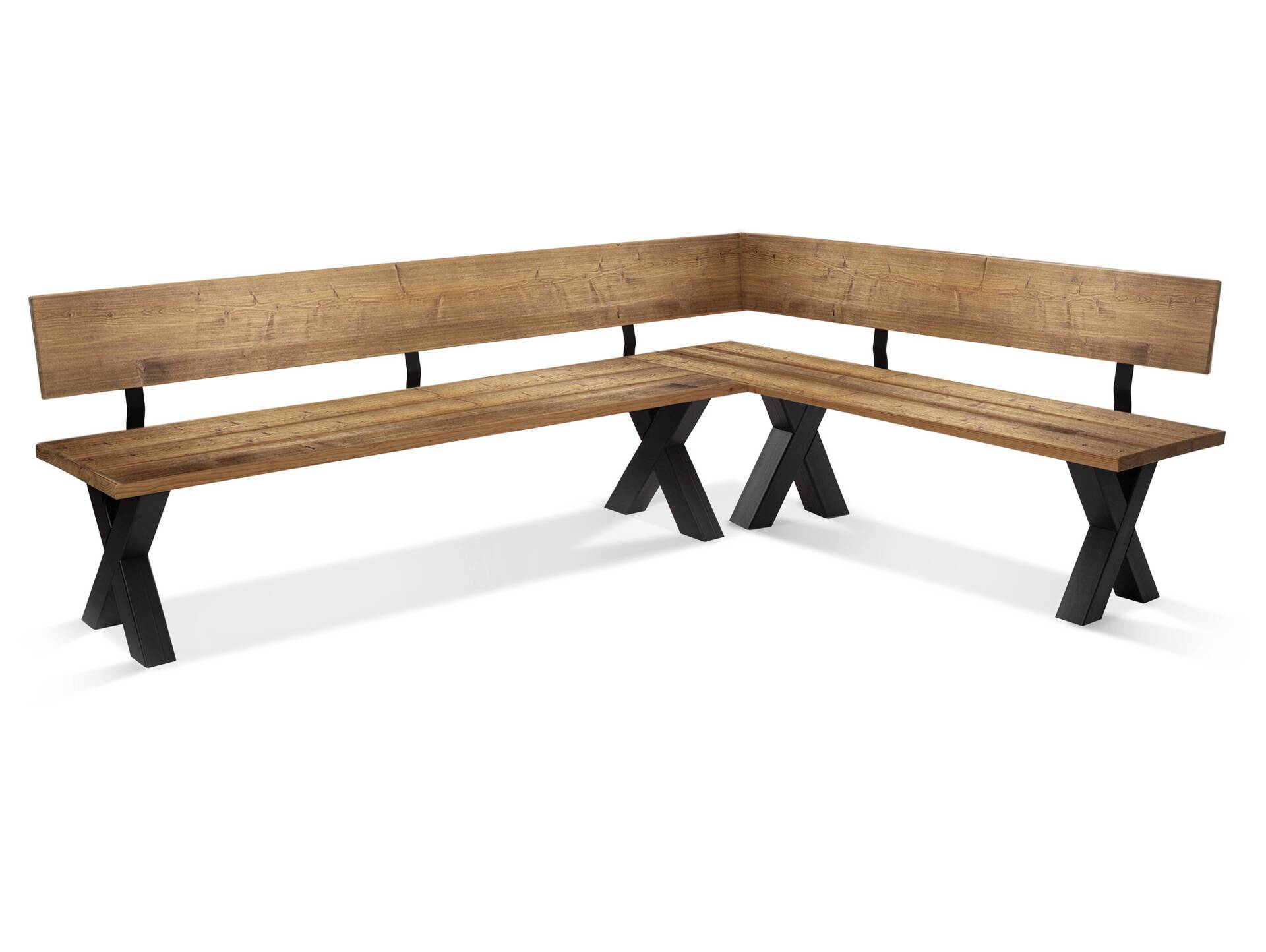 KENTUCKY Garten-Eckbank mit X-Beinen, Altholzoptik, Material Massivholz, THERMO-Fichte gebürstet/lasiert 288 x 167 cm | vintage