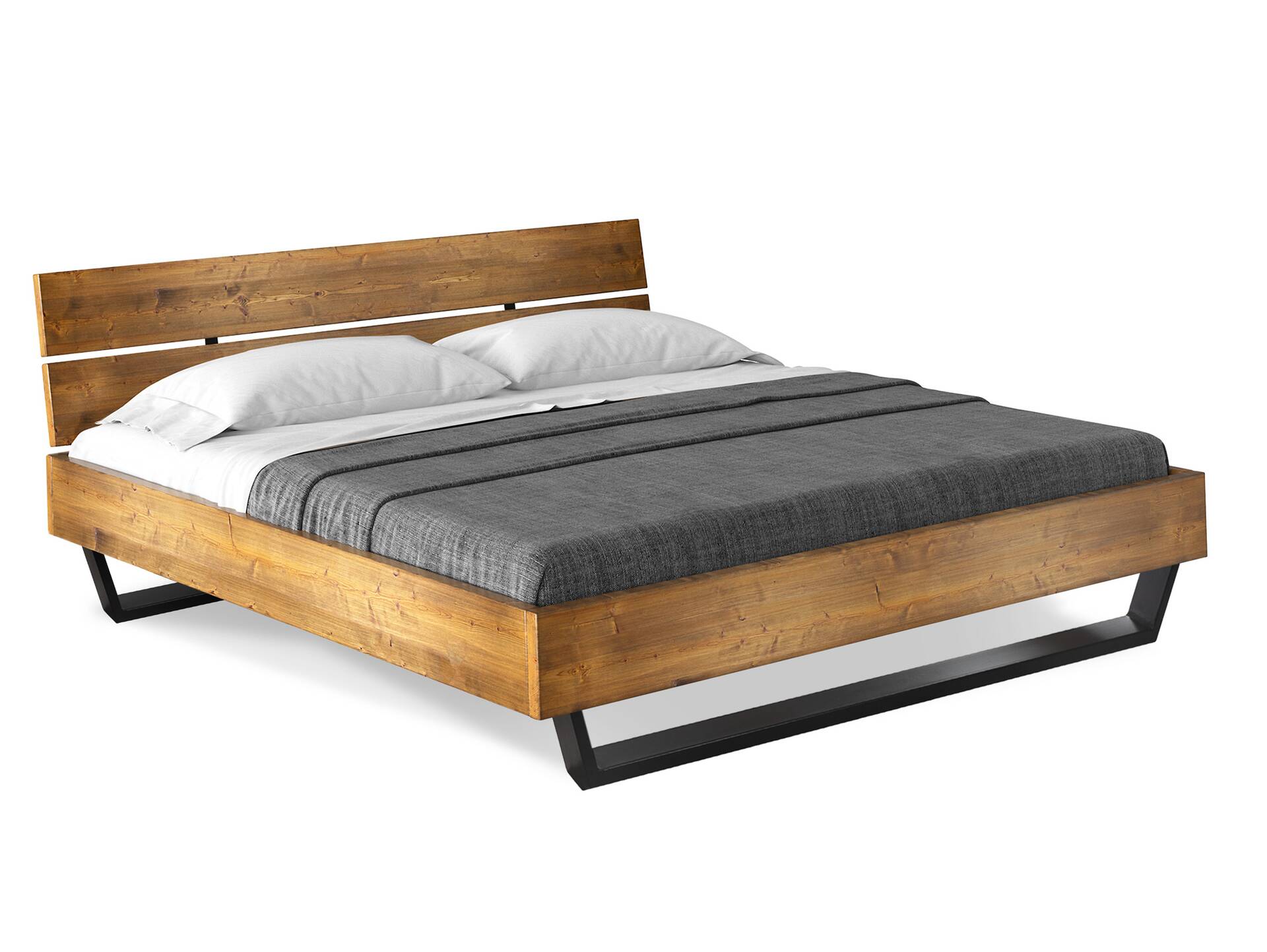 CURBY Kufenbett mit Kopfteil, Material Massivholz, rustikale Altholzoptik, Fichte, Kufen schwarz 160 x 220 cm | vintage
