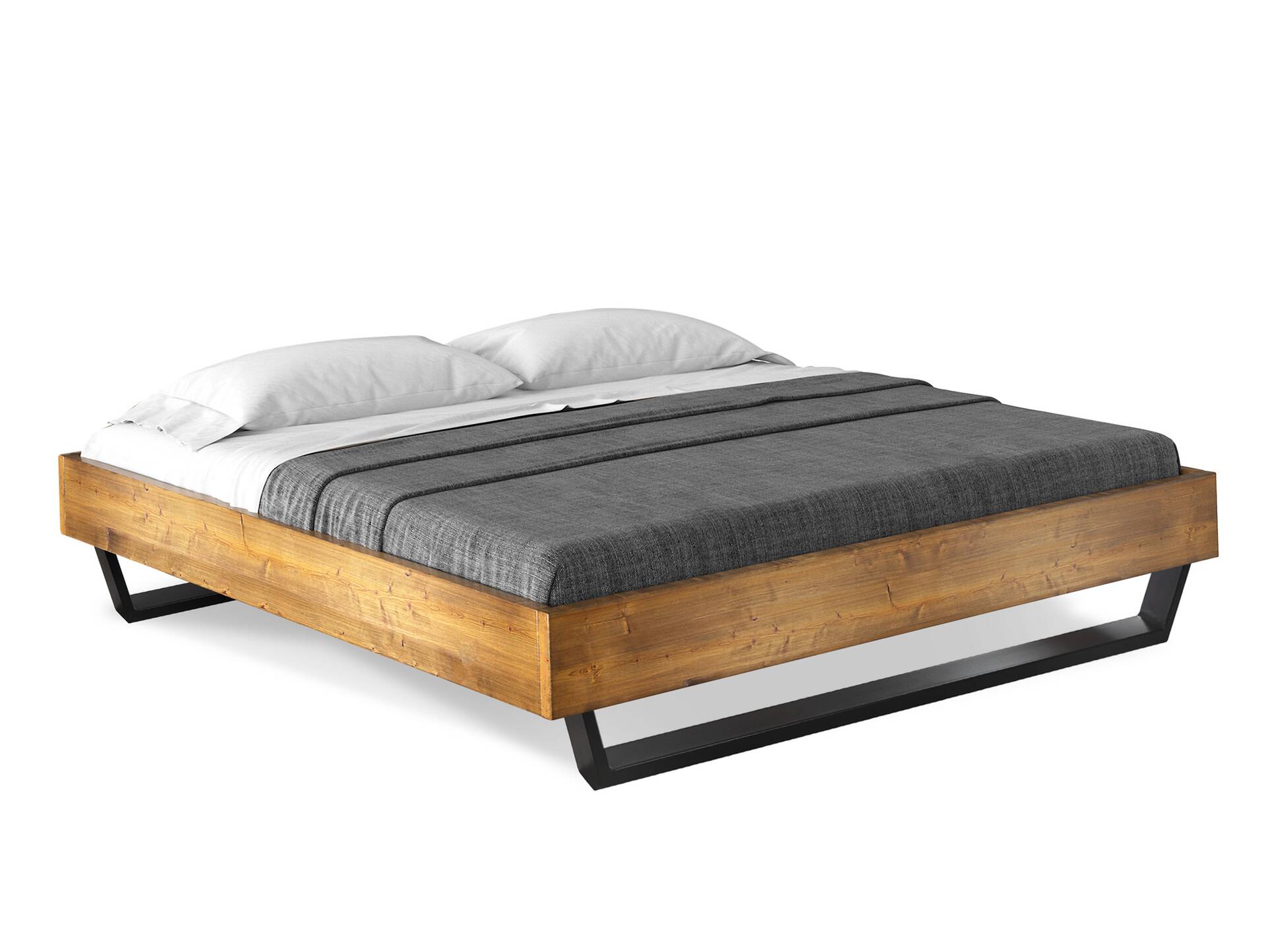 CURBY Kufenbett ohne Kopfteil, Material Massivholz, rustikale Altholzoptik, Fichte, Kufen schwarz 90 x 200 cm | vintage