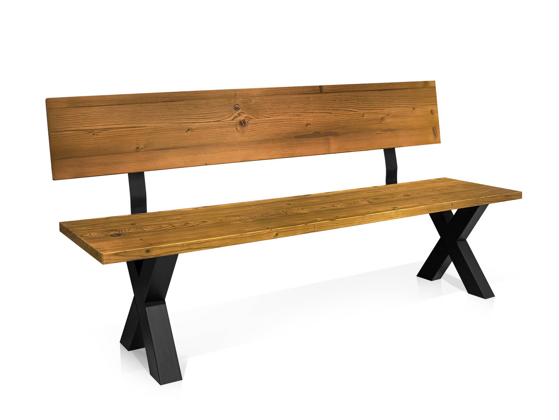 ALABAMA Sitzbank mit X-Beinen, Altholzoptik, Material Massivholz, THERMO-Fichte lackiert 180 cm | mit Rückenlehne | vintage