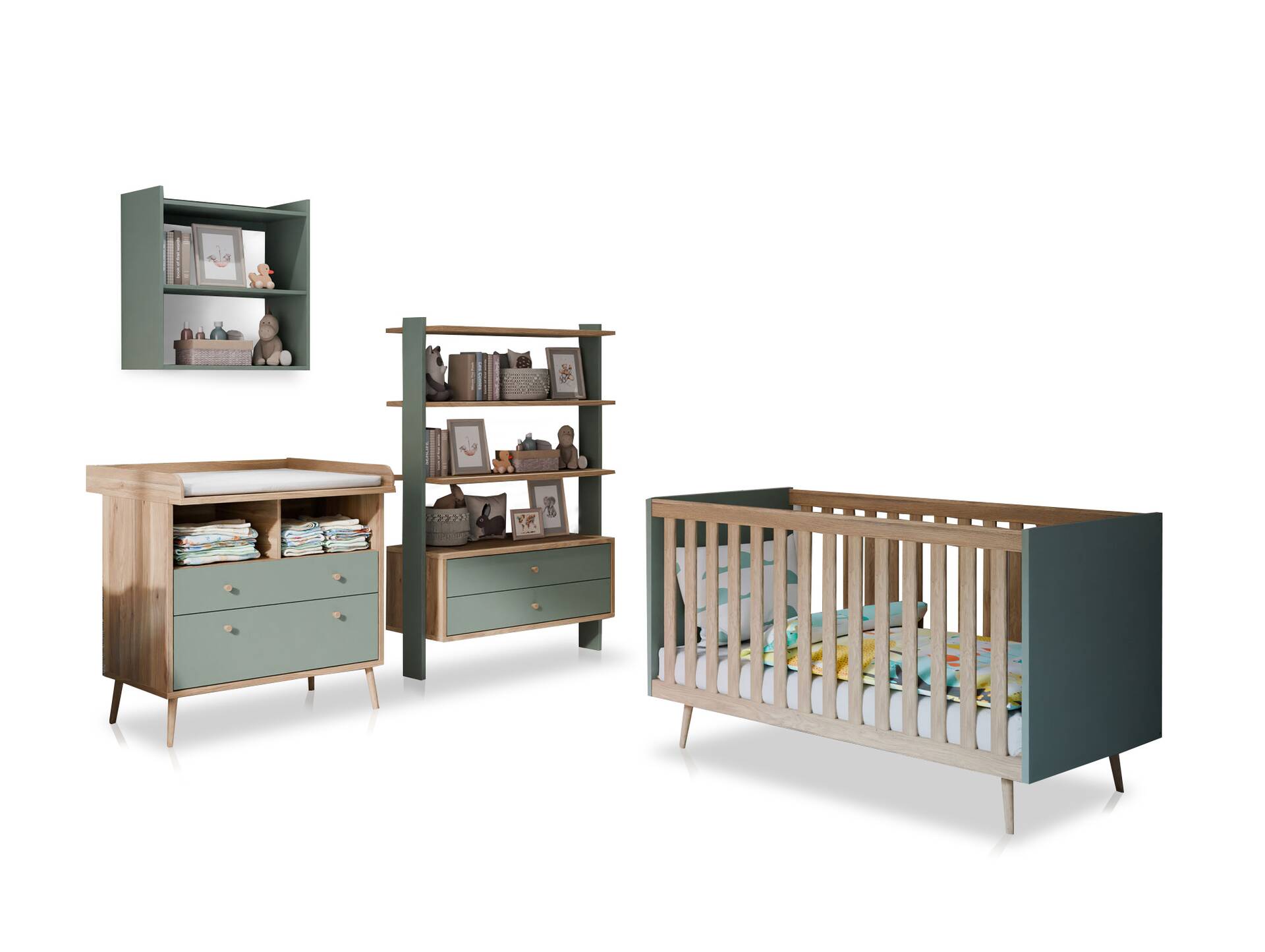 WILMONA Babyzimmer, Material Spanplatte, Mauvella Eiche Nachbildung/salbeifarbig 