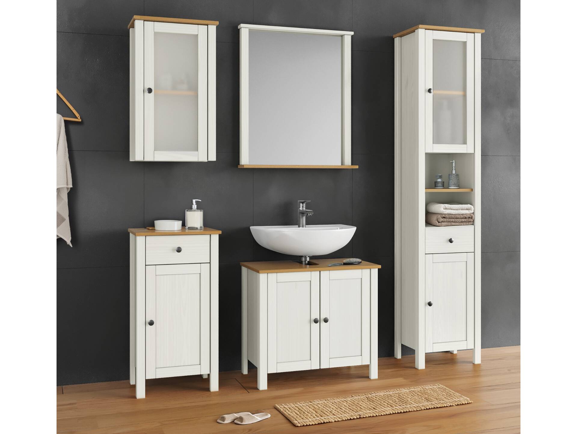 PARIS Badezimmerset, Material Massivholz, Kiefer Kiefer weiß/Buchefarbig