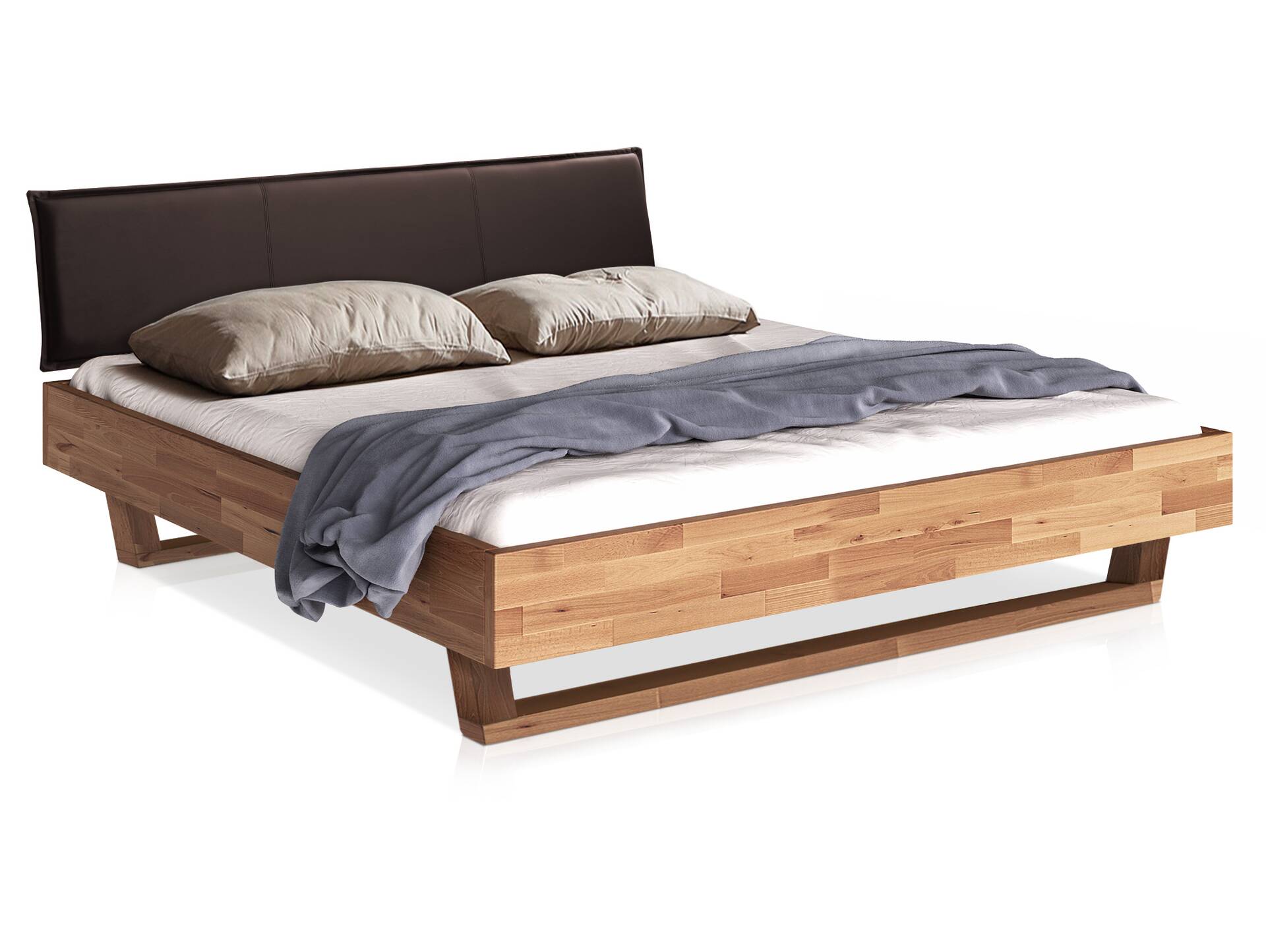 LÖWEN Holz-Kufenbett mit Polsterkopfteil, Material Massivholz 90 x 200 cm | Buche unbehandelt | Kunstleder Braun ohne Steppung