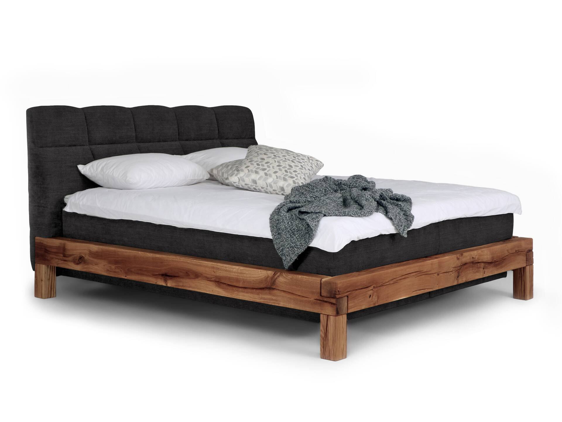 BAGIRO Balkenbett/Boxspringbett, Material Massivholz Eiche/Bezug Stoff Anthrazit 160 x 200 cm