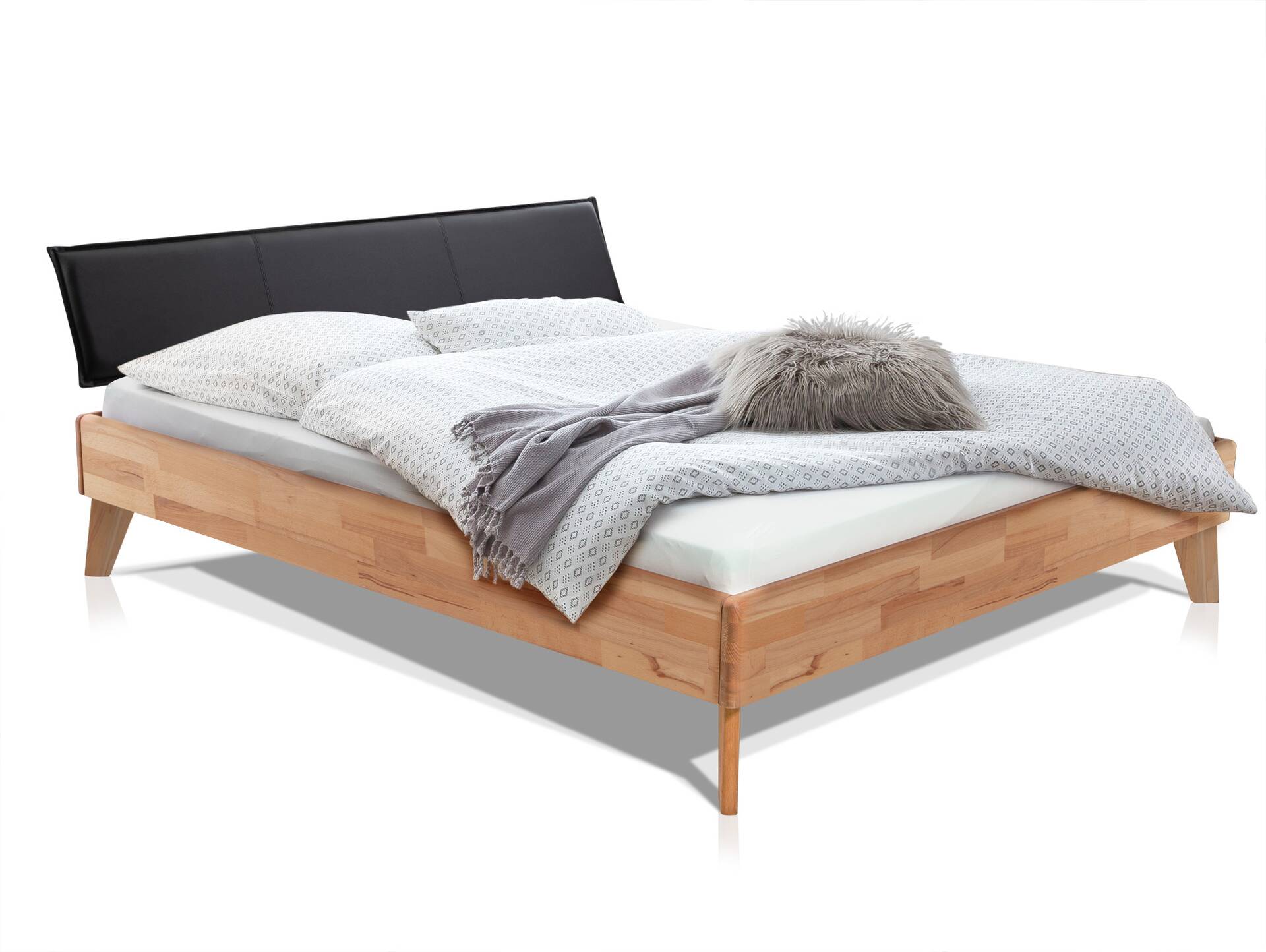 CALIDO 4-Fuß-Bett mit Polster-Kopfteil, Material Massivholz 120 x 220 cm | Buche geölt | Kunstleder Schwarz | Standardhöhe