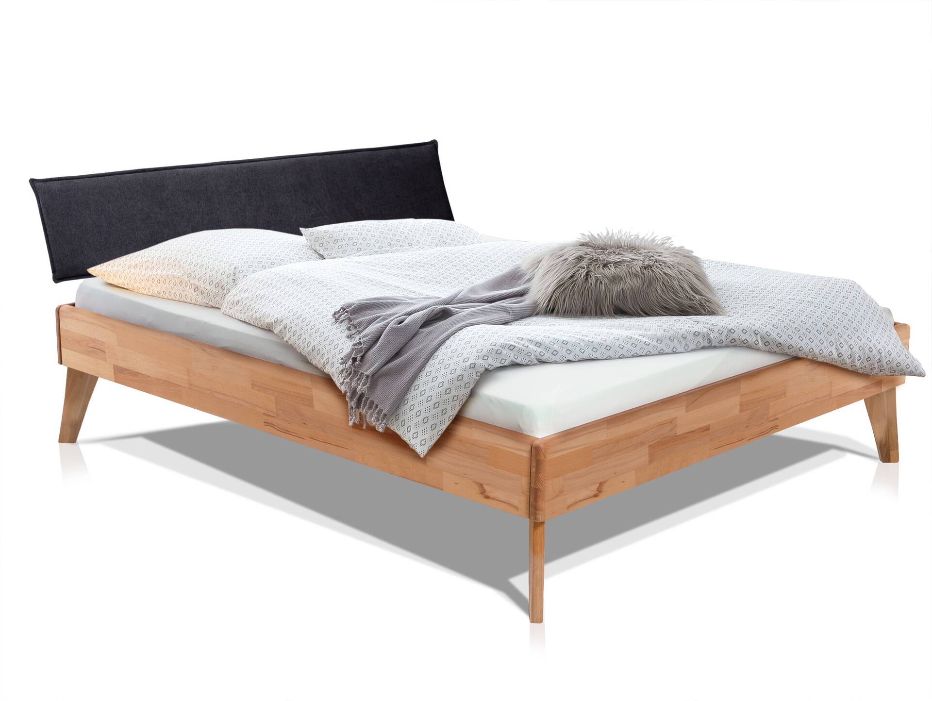 CALIDO 4-Fuß-Bett mit Polster-Kopfteil, Material Massivholz 120 x 220 cm | Buche geölt | Stoff Anthrazit | Komforthöhe