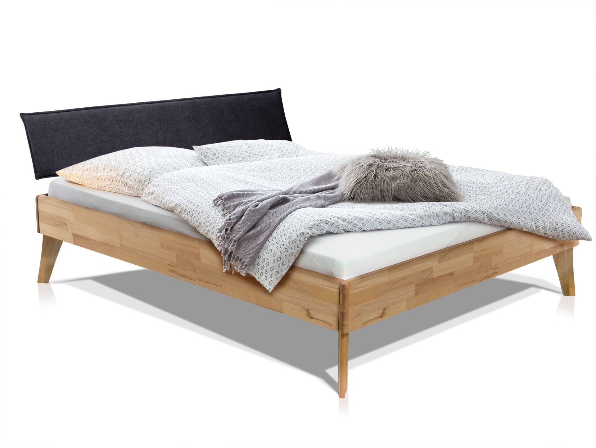 CALIDO 4-Fuß-Bett mit Polster-Kopfteil, Material Massivholz 140 x 220 cm | Eiche geölt | Stoff Anthrazit | Komforthöhe