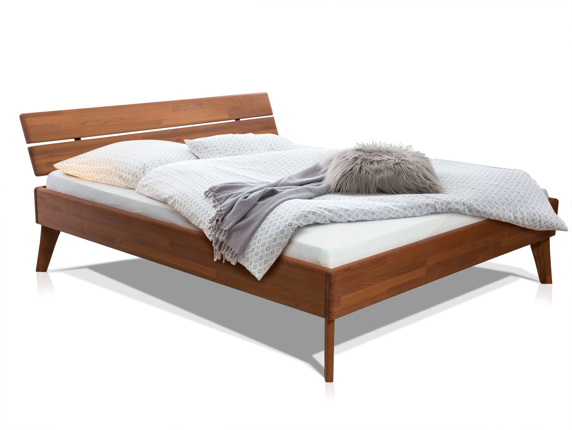 CALIDO 4-Fuß-Bett, Material Massivholz, mit/ohne Kopfteil 180 x 200 cm | Buche nussbaumfarbig gedämpft | Komforthöhe | mit Kopfteil