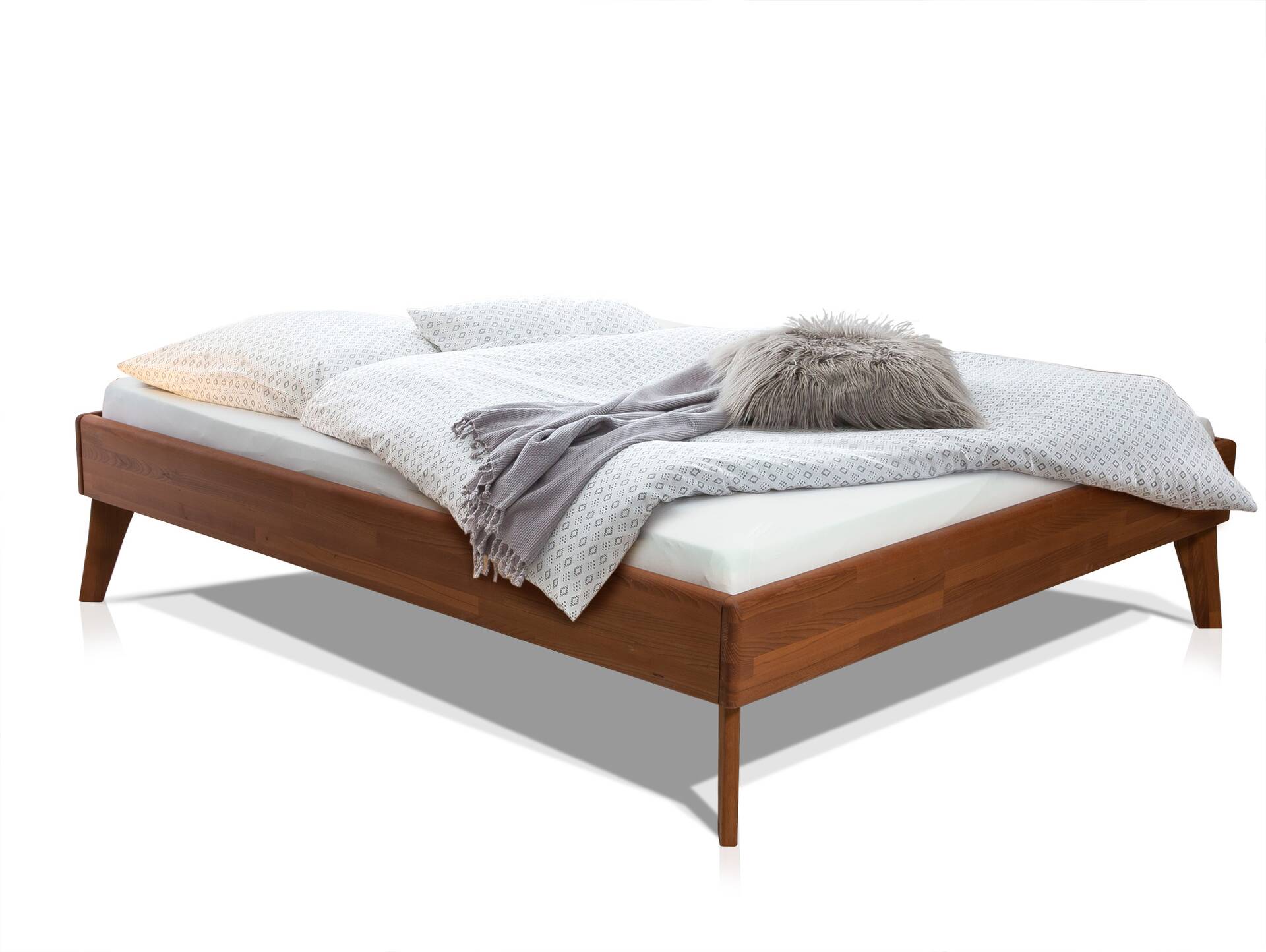 CALIDO 4-Fuß-Bett, Material Massivholz, mit/ohne Kopfteil 140 x 200 cm | Buche nussbaumfarbig gedämpft | Komforthöhe | ohne Kopfteil
