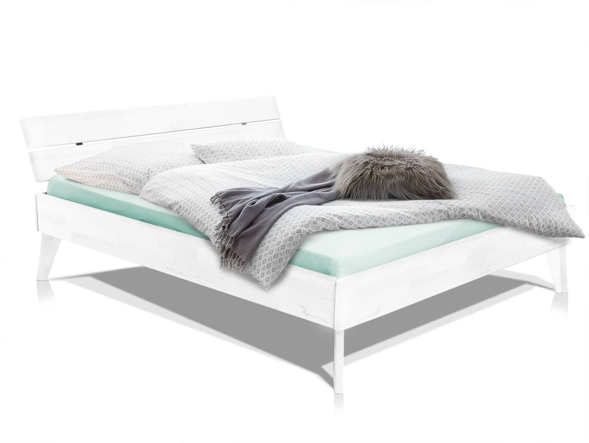 CALIDO 4-Fuß-Bett, Material Massivholz, mit/ohne Kopfteil 200 x 220 cm | Buche weiss lackiert | Komforthöhe | mit Kopfteil