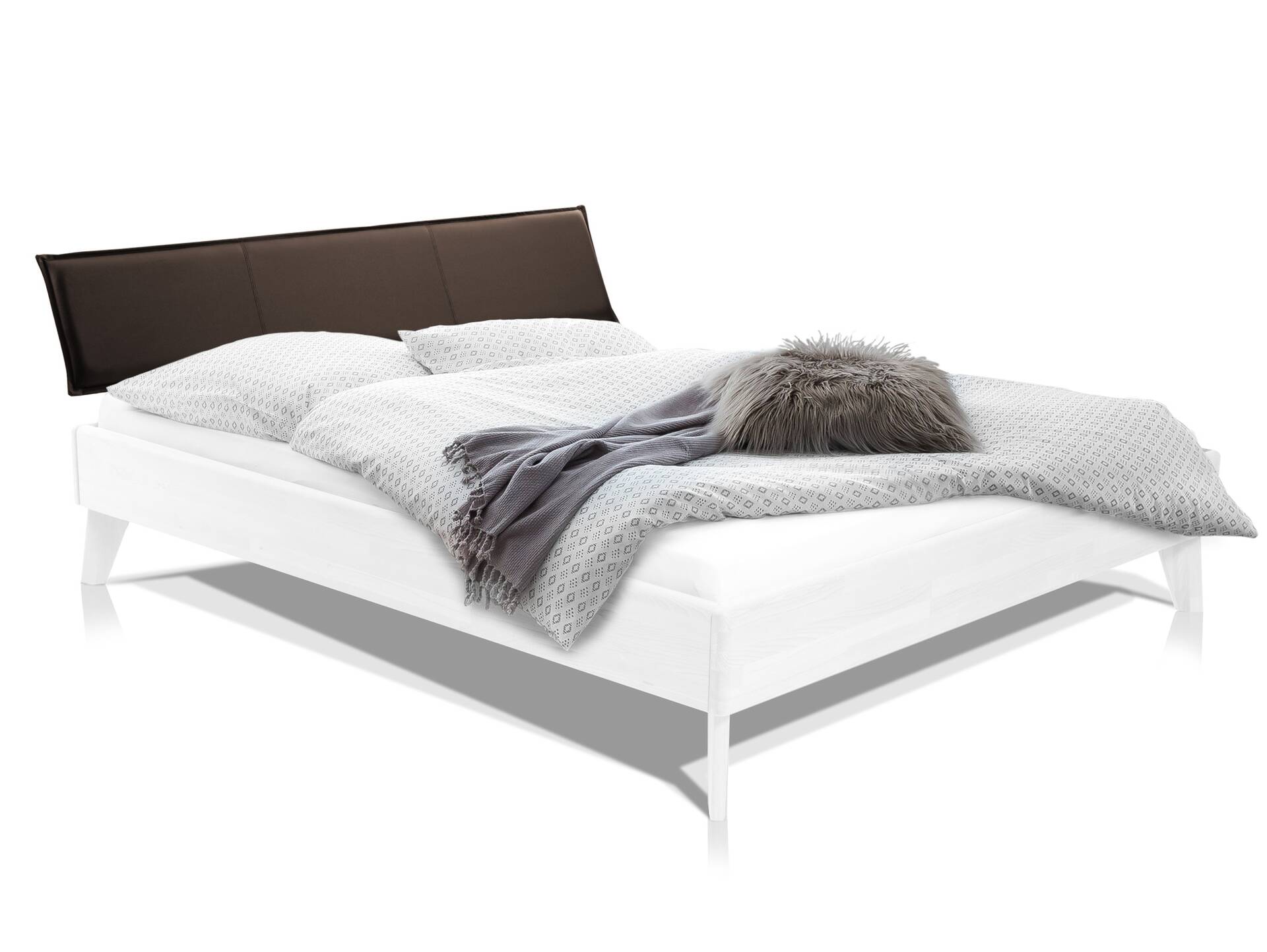 CALIDO 4-Fuß-Bett mit Polster-Kopfteil, Material Massivholz 90 x 200 cm | Buche weiss lackiert | Stoff Braun | Standardhöhe