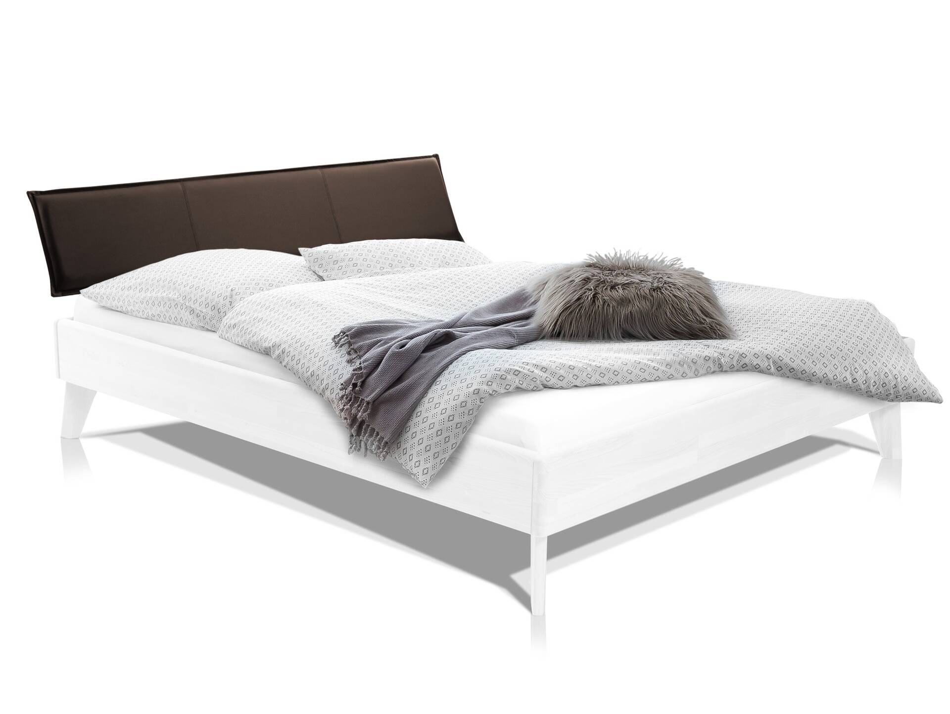 CALIDO 4-Fuß-Bett mit Polsterkopfteil, Material Massivholz 120 x 200 cm | Buche weiss lackiert | Kunstleder Braun | Standardhöhe