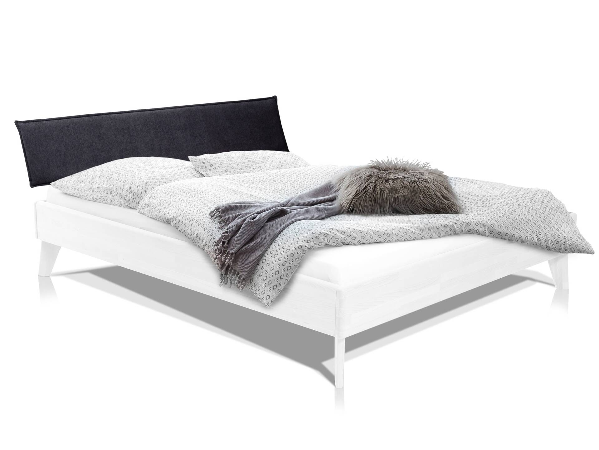 CALIDO 4-Fuß-Bett mit Polster-Kopfteil, Material Massivholz 90 x 200 cm | Buche weiss lackiert | Stoff Anthrazit | Standardhöhe