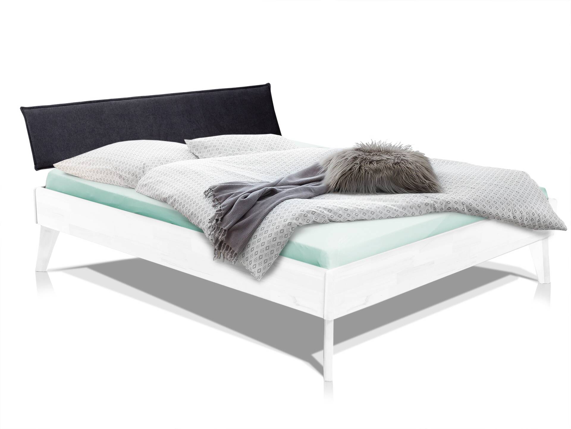 CALIDO 4-Fuß-Bett mit Polster-Kopfteil, Material Massivholz 120 x 200 cm | Buche weiss lackiert | Stoff Anthrazit | Komforthöhe