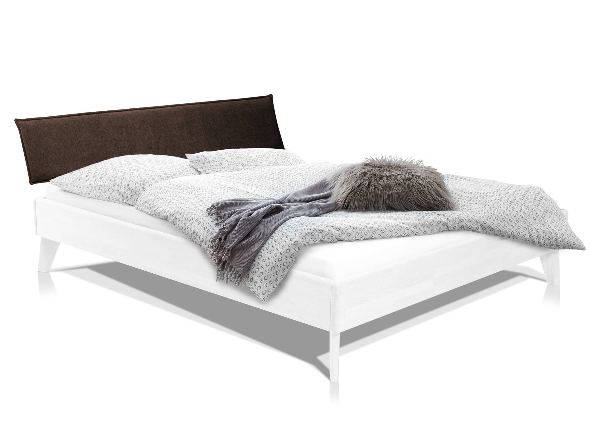 CALIDO 4-Fuß-Bett mit Polsterkopfteil, Material Massivholz 200 x 200 cm | Buche weiss lackiert | Stoff Braun | Standardhöhe