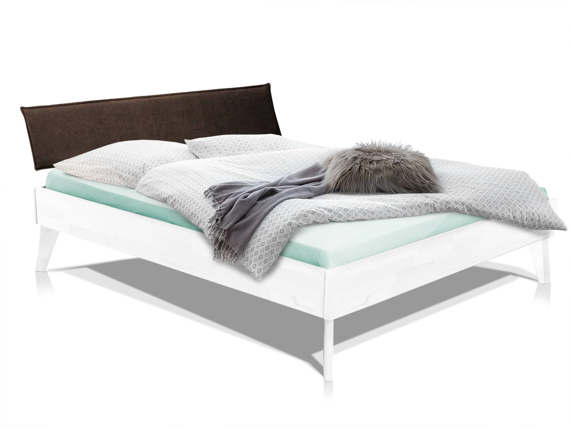 CALIDO 4-Fuß-Bett mit Polsterkopfteil, Material Massivholz 180 x 200 cm | Buche weiss lackiert | Stoff Braun | Komforthöhe